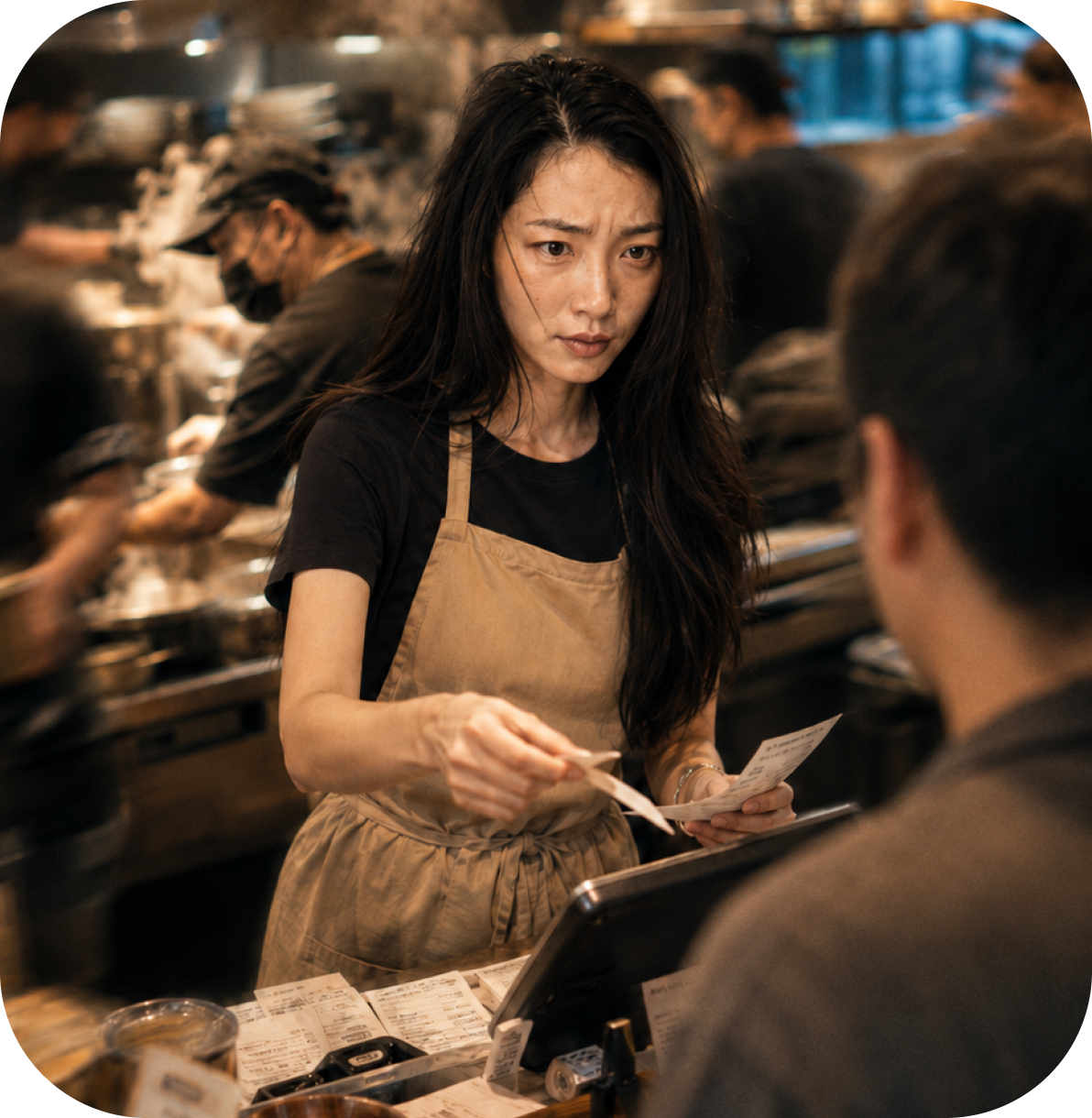 พนักงานร้านอาหารกำลังจัดการออเดอร์ในช่วงร้านยุ่ง